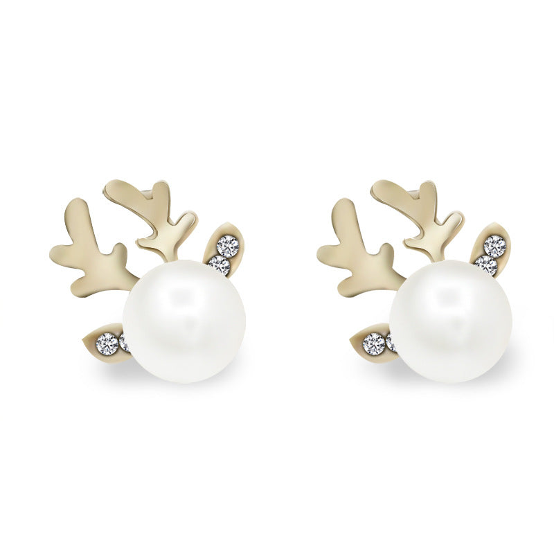 Cute Pearl Antler Stud Earrings