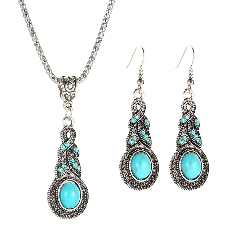 Retro Turquoise Rhinestone Earrings Necklace Jewelry Set