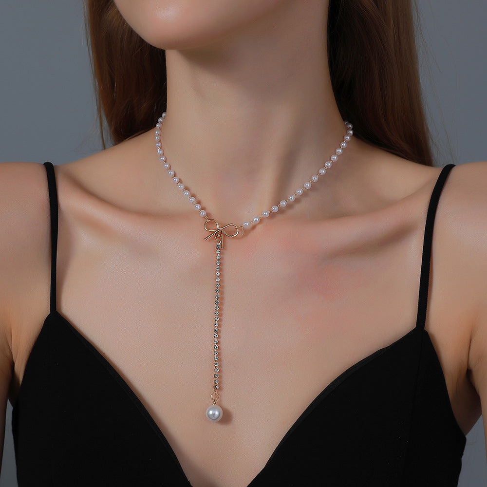 Crystal Ribbon Bow Pearl Choker Necklace